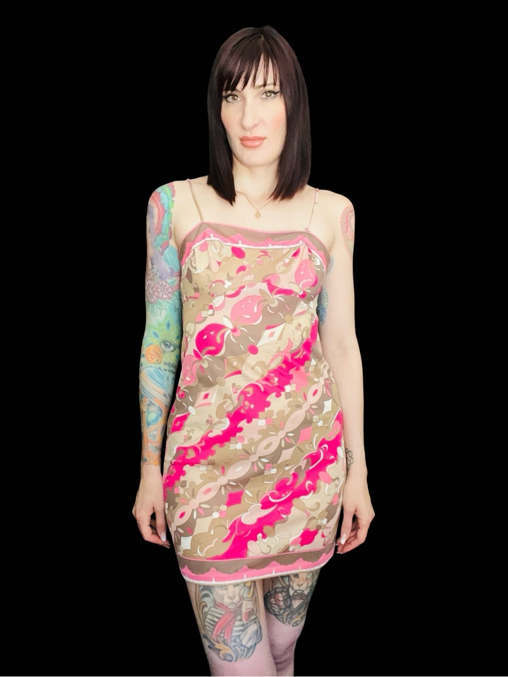 Emilio Pucci Vintage 1960s Pink and Beige Printed Mini Slip Dress